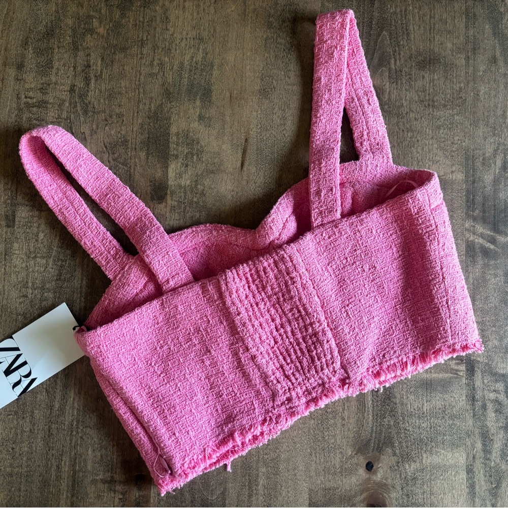 NWT ZARA Textured Tweed Pink Crop Top - Picture 2 of 7
